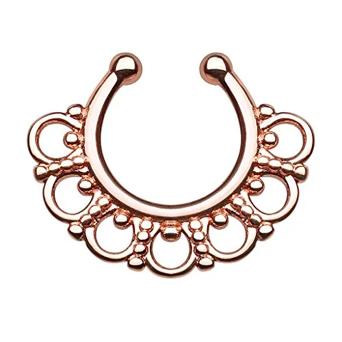 Piercingfaktor® Fake Piercing Universal Ring Septum Vintage Tribal mit Ringen Perlen Hänger Nasen Lippen Helix Ohr Intim Tragus Nippel Hufeisen Horseshoe Lippenbändchen Rosegold