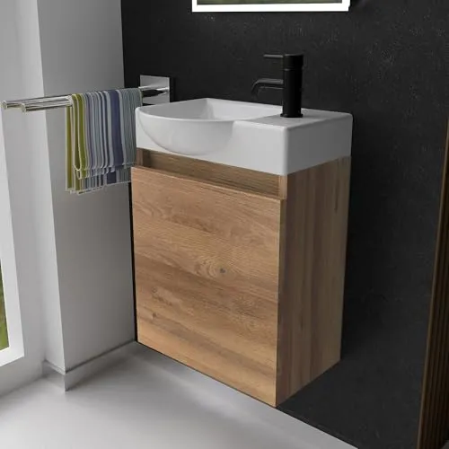 Alpenberger Gäste WC Waschbecken mit Unterschrank | Kleines Badmöbel 45 cm Breit | Waschtisch mit Waschbeckenunterschrank (Bamboo, Waschbecken - Linke Seite)