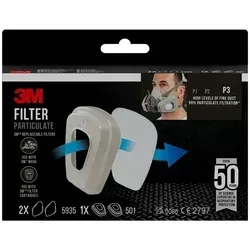 3M 5935 P3R Partikel-Einlegefilter gegen feste und flüssige Partikel, 2 Paar Filter 5935 + 1 Paar Filterhalterungen 501