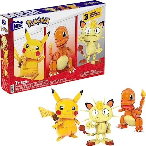 Mega Mattel HPF94 Pokémon Bausatz - Kanton Region Trio - 529-teiliges Bauspielzeugset mit Pikachu, Glumanda und Mauzi, ideal für kreative Kinder ab 8 Jahren. Bewegliche Figuren fördern Spielspaß und Problemlösungsfähigkeiten.