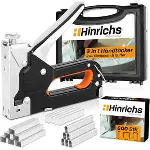Hinrichs Handtacker 1456 im Koffer - Vielseitiger Tacker für Klammern und Nägel, inkl. 600 Klammern und Nägel im praktischen Koffer. Stufenlose Schlagkraftregulierung und robuste Stahlkonstruktion für langlebige Nutzung.