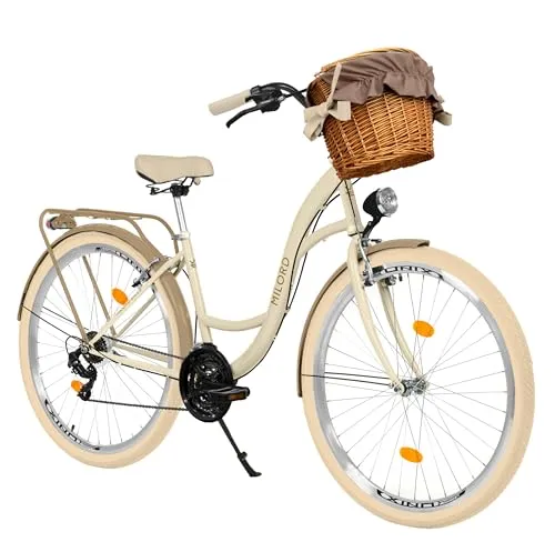 MILORD Damenfahrrad Citybike Komfort mit Weidenkorb, 26 Zoll, 21-Gang, Creme-Braun - Elegantes Citybike mit Weidenkorb und 21-Gang-Antrieb – ideal für entspannte Stadtfahrten. Komfortable Sitzposition und robuster Stahlrahmen für Langlebigkeit und Stil.