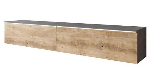 Mirjan24 TV Lowboard Stone 180, TV Schrank, Fernsehschrank, Grifflose Öffnen, Hängeschrank Hochglanz Matt Wohnwand (Matera/Kastanien Breslau, mit LED Beleuchtung)