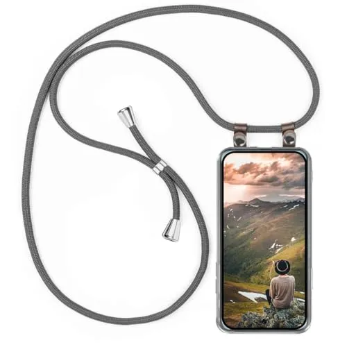 moex Handykette für Google Pixel 9 Pro Hülle mit Band abnehmbar, Handyhülle mit Kette zum Umhängen, Handyband 155 cm lang Stoff Kordel Umhängehülle, Handy Umhängeband, Grau