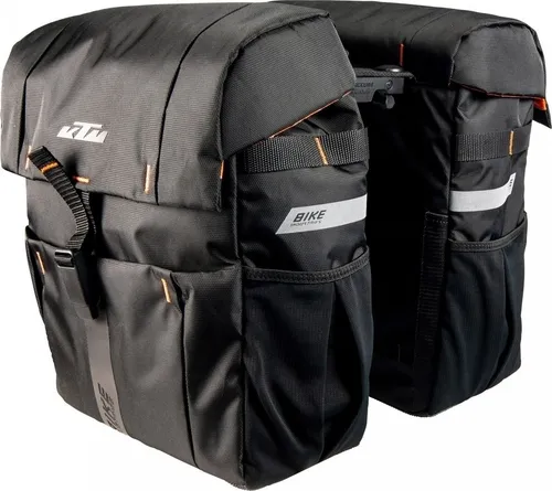 KTM Sport Double Bag Fahrradtasche - Die KTM Sport Double Bag ist eine praktische Fahrradtasche aus wasserabweisendem Polyester, ideal für Ausfahrten. Mit 37 L Fassungsvermögen, vormontiertem Snapit-Adapter und reflektierendem Logo für Sicherheit.