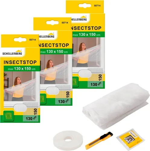 Schellenberg Fliegengitter-Gewebe für Fenster ohne Bohren, 3er Pack, weiß - Effektiver Insektenschutz für Fenster ohne Bohren. Das UV-stabilisierte Polyestergewebe ist waschbar und einfach zu montieren. Ideal für Mietwohnungen, individuell zuschneidbar und auch als Sichtschutz geeignet.