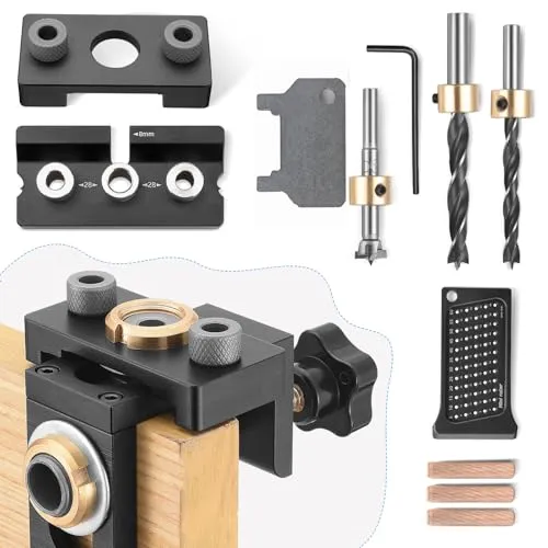 Kit de Plantilla de Clavija 3 en 1 8/10/15 mm, Guía de Perforación Ajustable con Clip de Posicionamiento, Localizador de Punzón para Carpintería