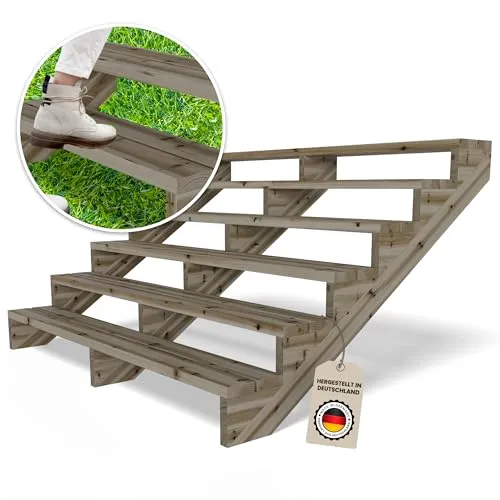 Gartenwelt Riegelsberger Terrassentreppe Breite 190 cm Treppe mit 6 Stufen Geschosshöhe 106 cm Massivholz Kiefer kesseldruckimprägniert Komplett-Set Wangen, Bohlen & Schrauben