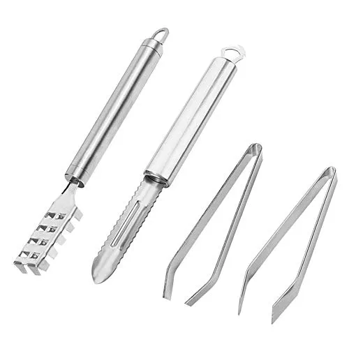 Stück Fisch Scaler Skala Entferner, Fisch Knochen Pinzette, Rutschfeste Edelstahl Flach und Schräge, Skala Remover Reiniger Scaler Scraper Schnelle Reinigung Fisch Edelstahl Fisch Skala Bürsten 4