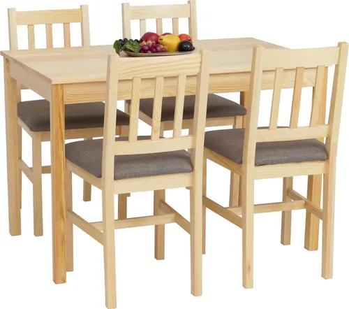 Esszimmer-Set MCW-F77 aus Massivholz - Hochwertige Sitzgruppe aus Kiefer, ideal für gemütliche Abende. Die grauen Polster bieten hohen Sitzkomfort und das Landhausdesign verleiht Ihrem Esszimmer eine einladende Atmosphäre.