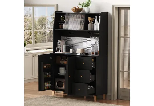 Odikalo Hochschrank mit Steckdosen und Weinhaltern - Stylischer Barschrank in Schwarz mit praktischem Lochbrett und Schubladen für optimalen Stauraum und einfachen Zugang zu Ihren Getränken.