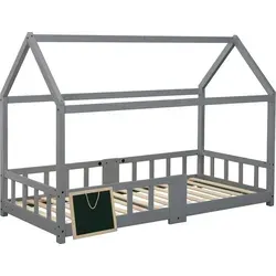 Hausbett mit Lattenrost, 90x200 cm, grau - Kinderbett mit Rausfallschutz - Robustes Hausbett aus Kiefernholz mit Lattenrost und Rausfallschutz. Ideal für Kinder, sorgt für sicheren Schlaf und einfaches Design. Einfache Montage, höchste Stabilität.