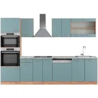 Vicco Küchenzeile R-Line, Blau-Grau/Goldkraft Eiche, 300 cm - Modular anpassbare Küchenzeile mit Hochschrank und eleganter Marmor-Arbeitsplatte. Ideal für individuelle Küchengestaltung und passt sich perfekt an Ihre Bedürfnisse an.