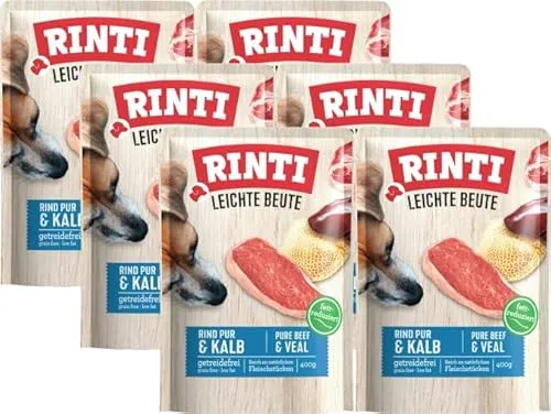 Rinti Leichte Beute Rind & Kalb 6 x 400g | Getreidefreies Nassfutter | Wenig Fett & gut verträglich | Ohne Soja | Umweltfreundlicher Frischebeutel