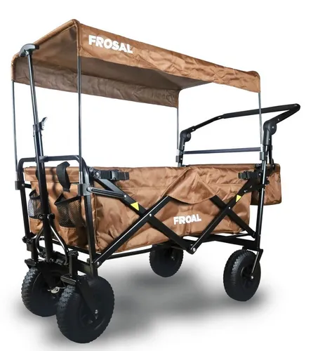 Frosal Bollerwagen Nick PRO - Faltbar mit Dach & Bremse - Faltbarer Bollerwagen in Braun mit Schiebegriff, Dach und Luftreifen, ideal für Ausflüge und Freizeitaktivitäten.