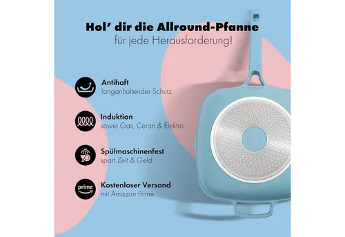 NEW KID Bratpfanne Bratpfanne 28cm Beschichtete Pfanne mit Deckel und Edelstahlsieb blau, Aluminium, Antihaftbeschichtung, Induktionsgeeignet, 28cm