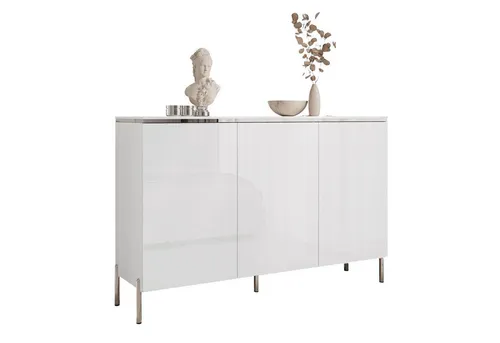 Lookway Kommode AURORA SILVER 3D mit Griffloses Öffnungssystem - Elegante Kommode in Hochglanz, mit grifflosen Türen und viel Stauraum. Perfekt für einen minimalistischen, luxuriösen Wohnstil. Maße: 140x76x40 cm.