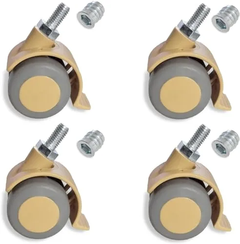 Sämann 4er Set Möbelrolle beige Gummirolle Lenkrolle Laufrolle Hartbodenrolle Drehstuhl mit Gewindeschraube M8 und Gewindehülse M8 x 15 mm