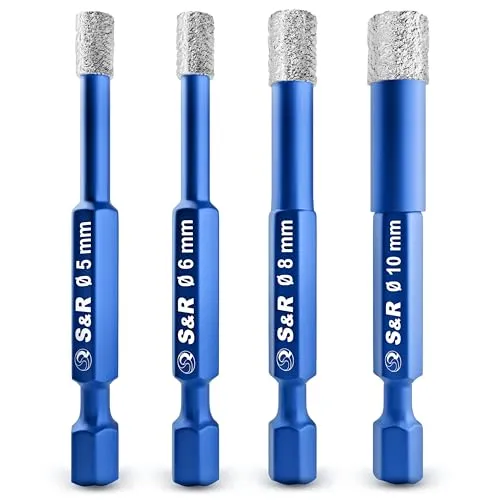 S&R Professional Diamantbohrer Set 4-tlg - Fliesen- & Glasbohrer für harte Materialien wie Granit und Marmor. Hochwertiges Diamantkorn sorgt für saubere Bohrungen und lange Standzeit. In stabiler Rundbox für einfache Aufbewahrung.