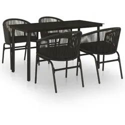 vidaXL 5-tlg. Garten-Essgruppe Schwarz - Gartenmöbel-Set aus pulverbeschichtetem Stahl und langlebigem PVC-Rattan, inklusive komfortabler Kissen für entspannte Stunden im Freien.