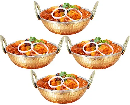 Satz von 4, der Kupfer Utensilien Indien karahi Abendessen Gemüse Schüssel mit Griff für indische Lebensmittel, Durchmesser 15 cm