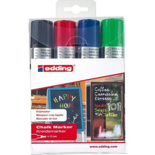 edding 4090 Kreidemarker 4.0 - 15.0 mm Mehrfarbig 4-4090-4999 - Vielseitiger Kreidemarker in verschiedenen Farben, ideal für kreative Projekte. Deckend und geruchsneutral, perfekt für helle und dunkle Oberflächen.