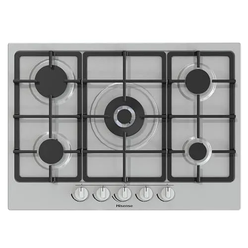 Hisense GM773XF Gaskochfeld, 5 Kochzonen, Breite 70 cm, Wok-Brenner mit Doppelkrone und Gussgrill, integrierte Zündung, Edelstahl Anti-Fingerabdruck