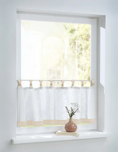 Kutti Scheibengardine Cottage Panneau - Fertiggardinen im Landhausstil, halbtransparent mit karierten Schlaufen und Holzkugeln für einen romantischen Look. Ideal für schöne Ausblicke und schnelle Montage!