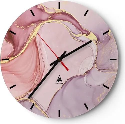 Wanduhr - Rund - Glasuhr - Abstraktion Marmor Rosa - 30x30cm - Schleichendes Uhrwerk - Lautlos - zum Aufhängen bereit - Dekoration Modern - Wanddekoration aus Glas - C3AR30x30-4528