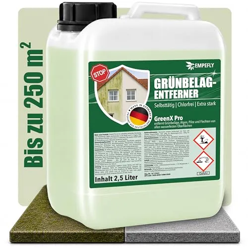 GreenX Pro 2,5L Grünbelagentferner für Außenbereiche - Effektiver Grünbelagentferner für Stein und Holz. Konzentrat in 2,5L Kanister, ideal zur Reinigung von Terrassen, Pflastersteinen und Holzdecks. Für den professionellen Einsatz im Außenbereich.