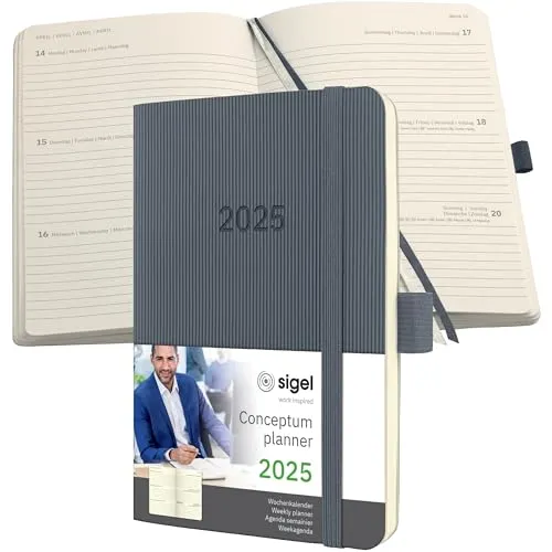 SIGEL C2537 Wochenplaner Wochenkalender 2025, ca. A6, dunkelgrau, Softcover, 176 Seiten, Gummiband, Stiftschlaufe, Archivtasche, aus nachhaltigem Papier, Conceptum