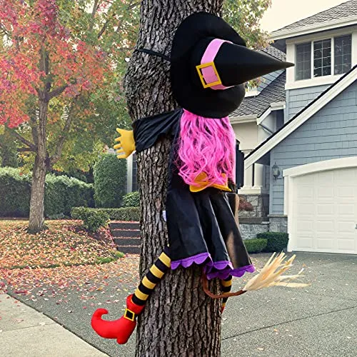 POPGIFTU Halloween Deko - 130 cm Rosa Hexe Baum Dekoration, Niedlich Hexe Gegen Baum für Innen/Außen, Garten, Hof, Terrasse, Rasen, Haustür, Spukhaus, Halloween Ornament