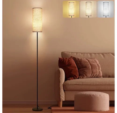 Sunicol LED Stehlampe mit 3 Farbtemperaturen, Dimmbar, Fußschalter, Leinen Lampenschirm, Retro Stehleuchte für Wohnzimmer, Schlafzimmer, 9W
