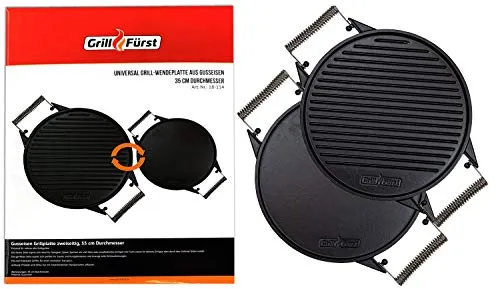 Grillfürst Universal Gusseisenplatte Ø 35 cm - Vielseitige Grillplatte für Gas- und Kohlegrill - GRILLPLATTEN - Massive Gusseisenplatte mit geriffelter und glatter Seite, sorgt für gleichmäßige Hitzeverteilung und sofortige Einsatzbereitschaft ohne Einbrennen.
