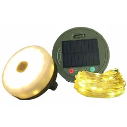 F-H-S International Solar Camping Leuchte mit Lichterkette 9,9m 8 Funkt. USB 3 Timer - Grün/Weiß/Transparent