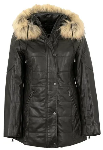 Maddox Lederjacke Evi-20 MADDOX - Damen Lederjacke Lammnappa Kapuze Kunstfell schwarz