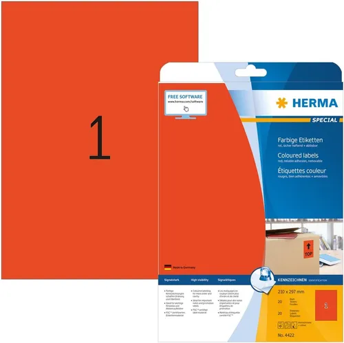 HERMA 4422 Farbige Etiketten rot ablösbar – 640 Stück, DIN A4 - Praktische, selbstklebende Etiketten zur Kennzeichnung und Organisation. Ideal für den Einsatz im Büro oder zu Hause, mit umweltfreundlichem, lösemittelfreiem Haftkleber. Perfekt bedruckbar mit Laserdruckern und Tintenstrahldruckern.