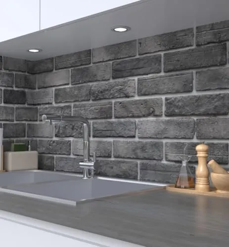 MyMaxxi Küchenrückwand Folie selbstklebend matt - einfache Montage ohne Bohren 0,4mm stark Versteift - Motiv Backsteinwand grau 60cm hoch - Spritzschutz Küche Klebefolie - Steine Mauer 220 x 60cm