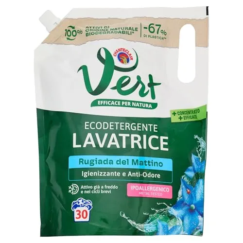 Vert – Ökodetergente Waschmaschine – Duft Morgentau, 100 % natürlicher Ursprung, desinfizierende und geruchshemmende Funktion, wirksam auch bei kaltem und kurzem Waschgang – Flasche mit 1200 ml, 30