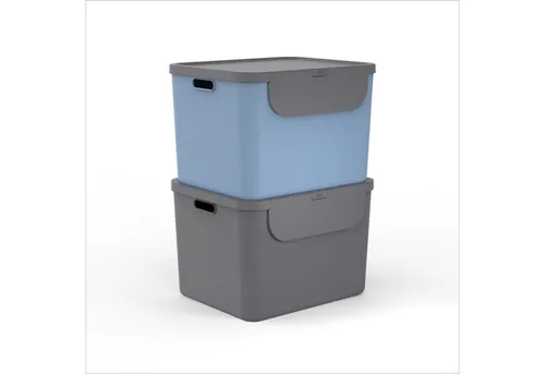 ROTHO Mülltrennsystem ALBULA 55 l – 2er Set - Praktisches 2er Set Recyclingbehälter mit 55 l Volumen für einfache Mülltrennung in Haushalt und Büro. Stapelbar, mit breiter Öffnung und ergonomischen Griffen für komfortablen Transport. Inklusive 6 Aufkleber zur individuellen Kennzeichnung.
