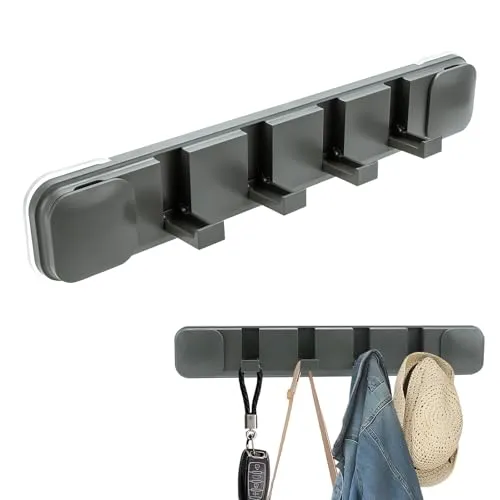 Kleiderhaken Klappbar, Saugnäpf Garderobenhaken Platzsparende Garderobenleiste mit 8 Beweglichen Haken Ohne Umklappbaren Wandhaken Garderobe, Saughaken Hakenleiste Kleiderhaken für Jacken, Grau