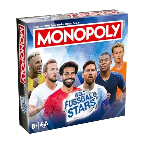 Winning Moves Monopoly Weltfussball Stars - Brettspiel für Fußballfans - Gesellschaftsspiel für 2-6 Spieler ab 8 Jahren, mit einzigartigem Spielbrett und 8 Metallspielsteinen, darunter Fußballlegenden wie Ronaldo und Messi.