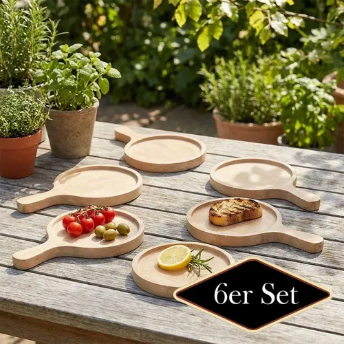 Premium Servierbrett Holz - Rund, 6er Set mit Griff - Elegantes, rundes Servierbrett aus naturbelassenem Holz, perfekt für ansprechende Tischpräsentationen. Mit praktischem Griff und stabiler Bauweise für eine angenehme Nutzung im Alltag.