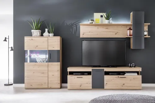 MCA furniture Wohnwand Cortona 2, 3-teilig in Balkeneiche/Anthrazit - Elegante 3-teilige Wohnwand aus Holzwerkstoff in Braun, matt. Ideal für stilvolle Unterhaltungselektronik und schafft eine moderne Atmosphäre.