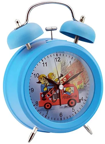 Eurotime Analog Wecker mit Glocke und Feuerwehr-Motiv, kein Ticken, schleichende Sekunde Modell 22073