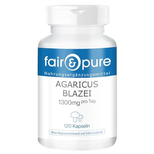 Fair & Pure Agaricus Blazei Murill Kapseln 1300mg Tagesdosis, 120 Stück, Mandelpilz, veganes Nahrungsergänzungsmittel ohne Zusätze, in Deutschland hergestellt