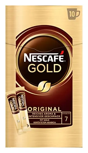 NESCAFÉ Gold Original Sticks Instantkaffee, kräftig, 10 Stück - Praktische Portionssticks für aromatischen Kaffeegenuss jederzeit. Jeder Stick enthält 2,0 g löslichen Bohnenkaffee mit kräftigem Aroma – ideal für unterwegs oder zu Hause.