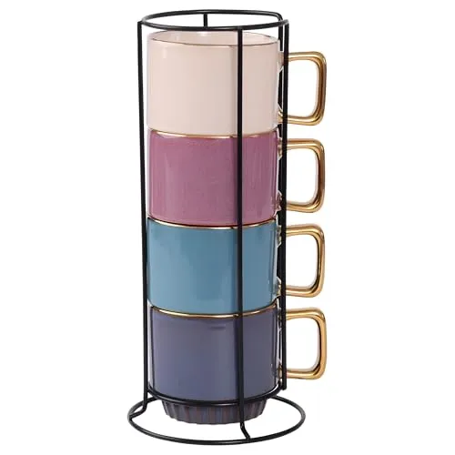 Festa Italia 4 x 320 ml Espressotassen Set aus Keramik mit Ständer - Stapelbar Espresso Tassen - Expresso Tassen Modern - Esspresotasen - Mokkatassen - Kaffeebecher für Espresso, Latte, Cappuccino
