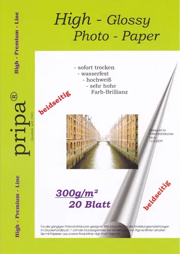 PRIPA Fotopapier 20 Blatt DIN A4 (ca. 210-297mm) 300g/m² glossy beidseitig dick!