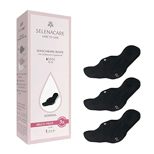 Selenacare waschbare Binde, 3er Pack, Größe 1, mit Aufbewahrungsbeutel - antibakteriell & geruchshemmend, wiederverwendbare Binde für Damen, nachhaltig, 100% vegan